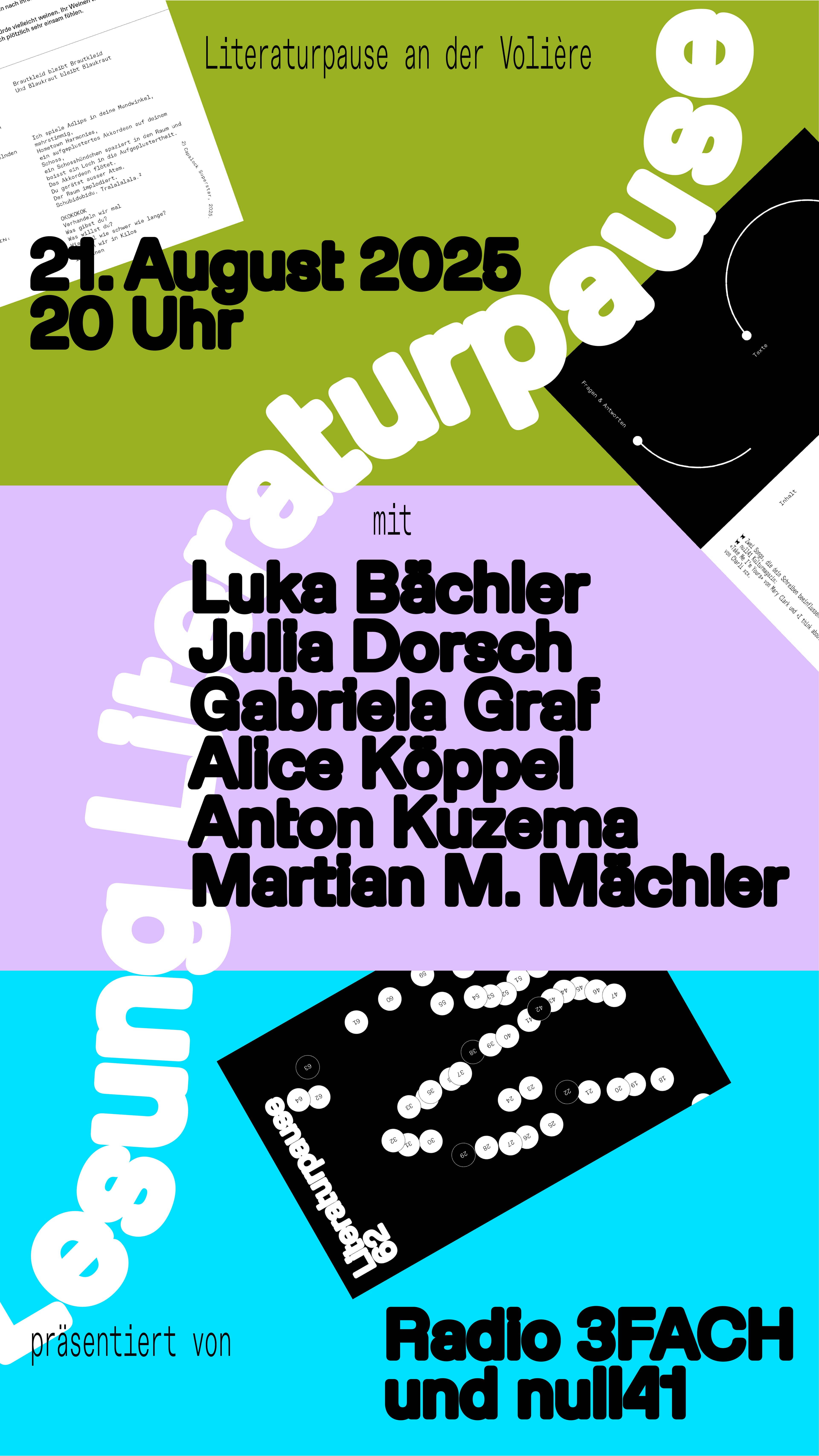 Banner: Literaturpause Nr. 62, Lesung an der Volière, 11.–28.08.2025